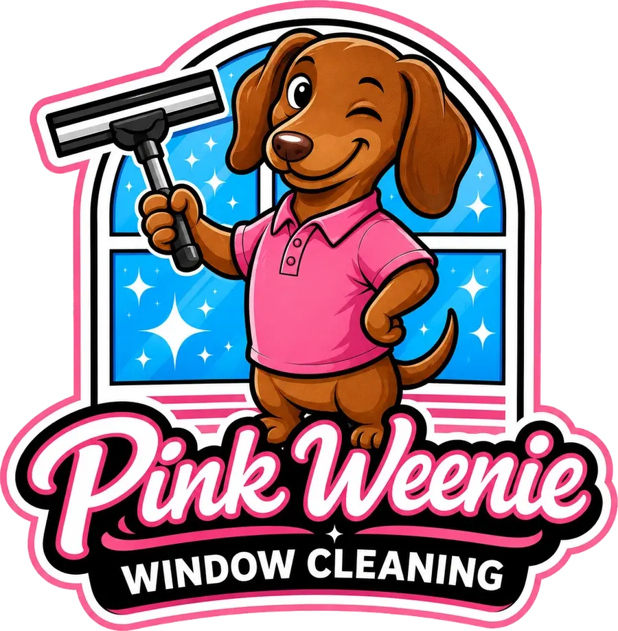 Pink Weenie Window Cleaning — winking dachshund mascot holding a squeegee in front of a sparkling clean window